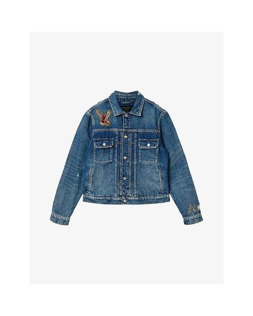AllSaints Blue Exile Bird-Patch Denim Jacket for men