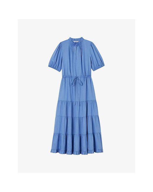 L.K.Bennett Blue Hedy Tiered-hem Tie-waist Organic-cotton Midi Dress