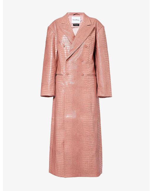 House Of Sunny Pink Double-breasted Mock-croc Faux-leather Coat