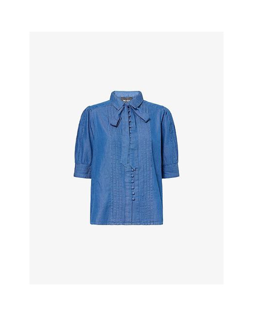ME+EM Blue Pintuck-Pleat Short-Sleeve Chambray Blouse