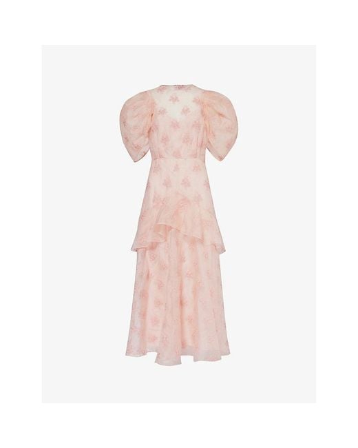 Erdem Pink Floral-embroidered Puff-sleeve Silk Maxi Dress