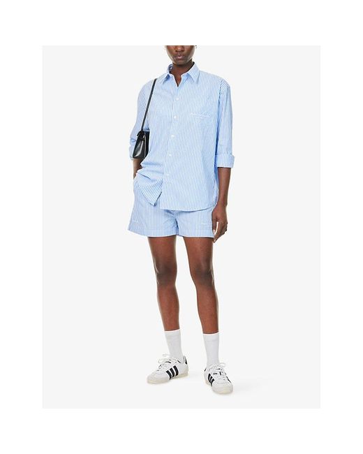Sporty & Rich Blue Eden Script Striped Relaxed-Fit Cotton Shirt