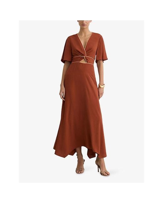Reiss Brown Rosanna Cut-Out Short-Sleeve Woven Midi Dress