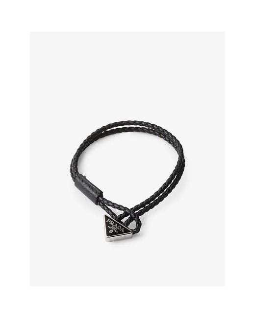 Prada Black Brand-Plaque Braided Leather Bracelet