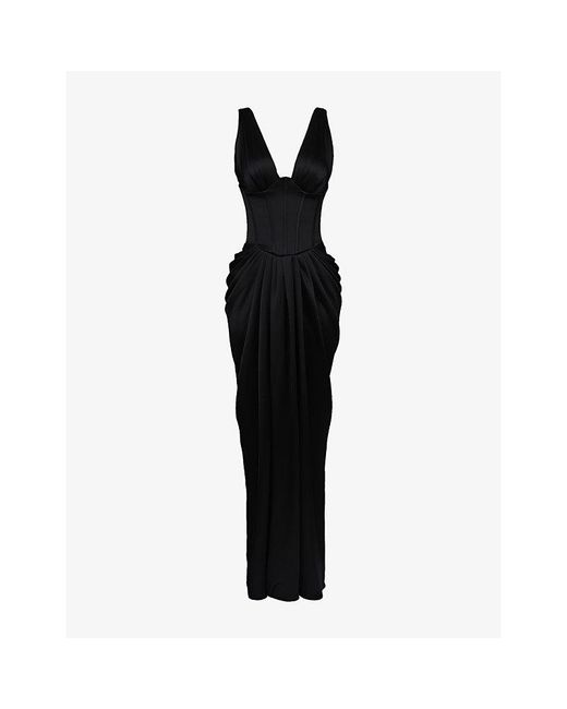 House Of Cb Black Angeline Hourglass Plunge-Neck Satin Maxi Dress Xs (A-C Cup)
