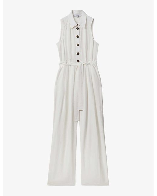Reiss White Perla Belted Woven Jumpsuit