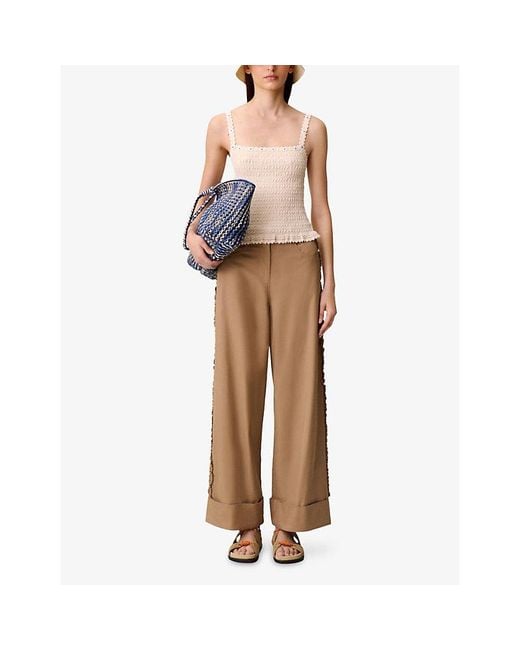 Claudie Pierlot Natural Ruffle Wide-Leg Cotton-Blend Trousers