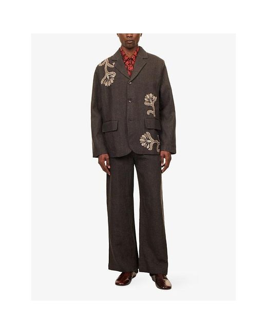 Kartik Research Brown Herringbone Embroidered Single-Breasted Linen Jacket for men