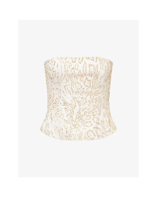 GRACE FAENA Natural Leopard Bead-Embellished Cotton Corset Top
