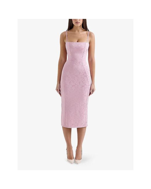 House Of Cb Pink Ophelle Lace-Up Bodycon Jacquard Woven Midi Dress