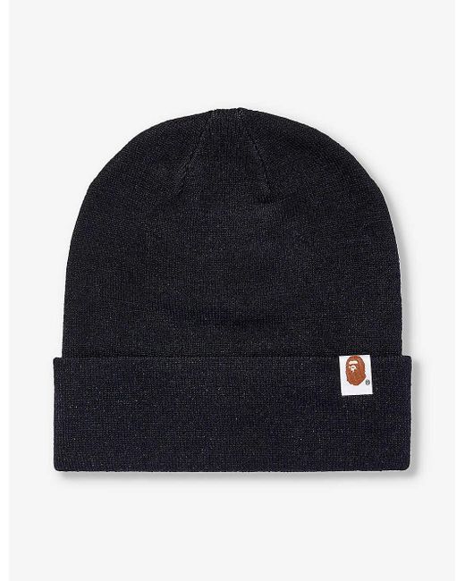 A Bathing Ape Blue Brand-patch Embroidered Knitted Beanie for men
