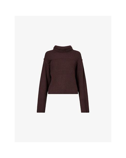 Theory Brown Ribbed Crop Turtleneck Merino Wool Jumper