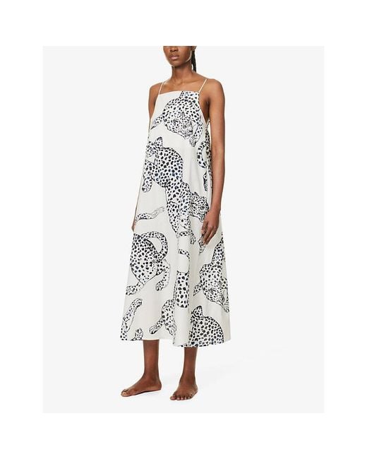 Desmond & Dempsey White Graphic-print Square-neck Cotton Nightdres
