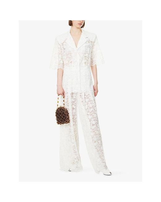 Atelier Ninety Five White Lace Scallop Hem Wide-Leg Cotton-Blend Trousers