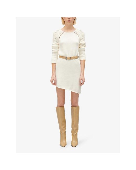 Claudie Pierlot White Ladder-stitch Asymmetric-hem Cotton-blend Knitted Mini Dress