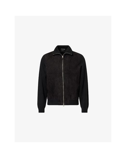 Tom Ford Black Suede-Panel High-Neck Wool Cardigan for men