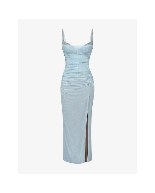 House Of Cb Blue Lini Corset-Bodice Stretch-Mesh Maxi Dress Xs (A-C Cup)