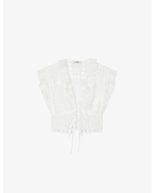 Sandro White Ruffle-neck Embroidered Woven Crop Top