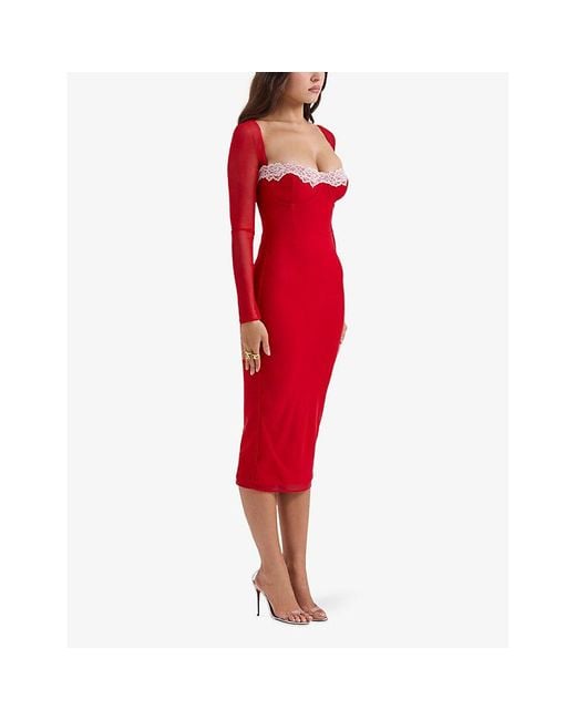 House Of Cb Red Seraphina Lace-trim Stretch-mesh Midi Dress