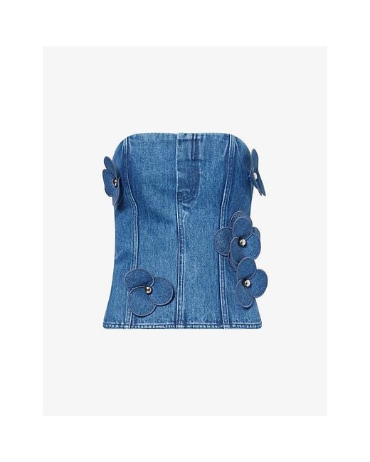 David Koma Blue Floral-Embellished Denim Corset Top