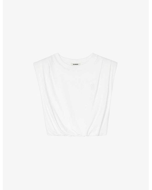 Sandro White Logo-embroidered Gathered-hem Cotton T-shirt