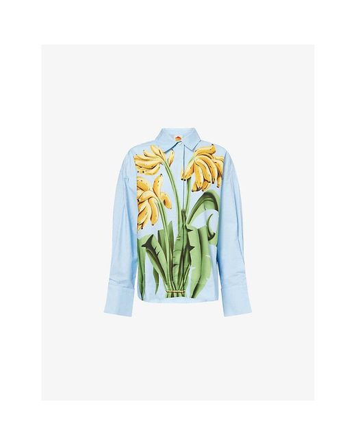 Farm Rio Blue Banana Cocina Striped Cotton-Poplin Shirt