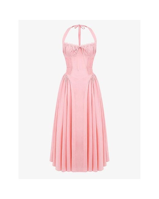 House Of Cb Pink Adabella Halterneck Stretch-cotton Midi Dress