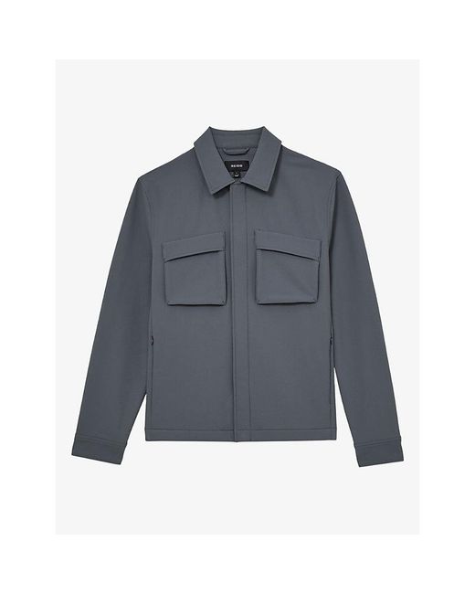 Reiss Blue Divide Patch-Pocket Button-Up Stretch-Woven Overshirt for men