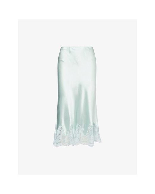 Reformation Blue Carolina Lace-Trim Silk-Charmeuse Midi Skirt