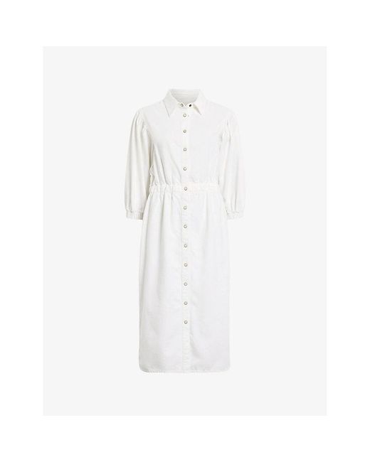AllSaints White Osa Puff-sleeve Elasticated-waist Denim Midi Dress