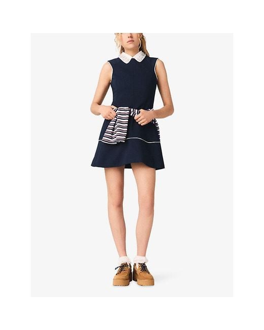 Maje Blue Flared Contrast-Collar Stretch Cotton-Blend Mini Dress