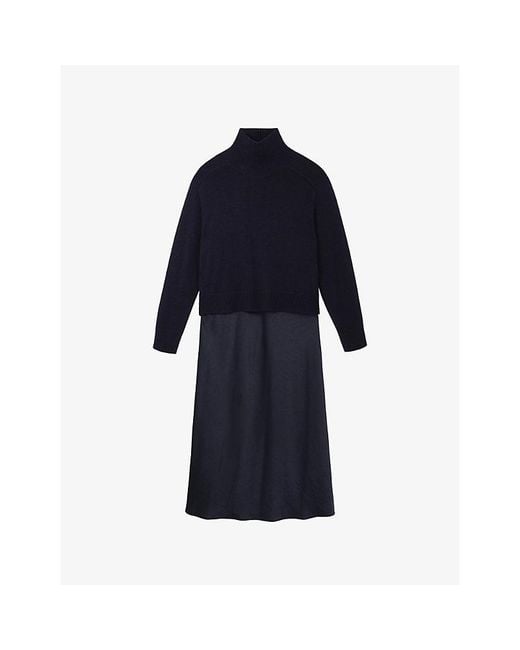 The White Company Blue Mixed Media Relaxed-Fit Wool-Blend And Woven Maxi Dress