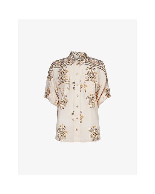 Zimmermann Natural Paisley-print Short-sleeved Silk-blend Shirt
