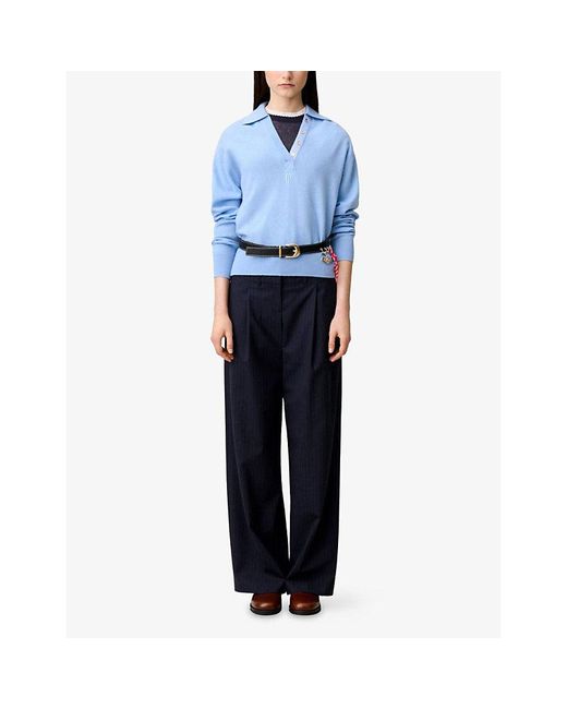 Claudie Pierlot Blue Logo-Embroidered Wool And Cashmere Polo Jumper