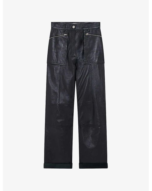 IRO Blue Cabir Straight-leg High-rise Patent-leather Trousers