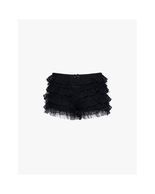 Jaded London Black Rhea Ruffle-Frill Lace Bloomer Shorts