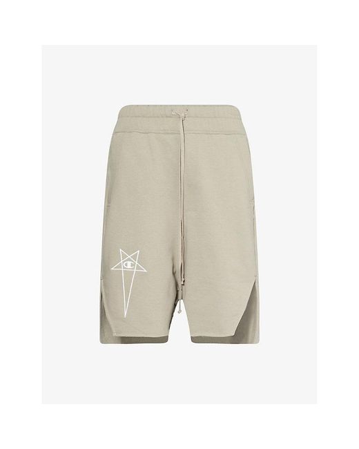 Rick Owens Natural X Champion Beveled Logo-Embroidery Cotton-Jersey Shorts