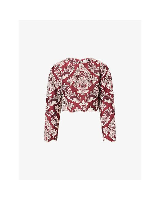 Farm Rio Red Bicolor Jacquard Waves Woven Top