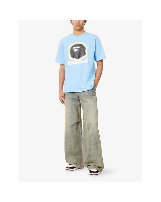 A Bathing Ape Blue Spray Ape Graphic-Print Cotton T-Shirt for men