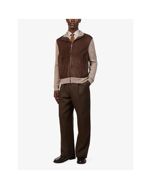 Corneliani Brown Contrast Knitted Leather And Wool Blend Jacket for men