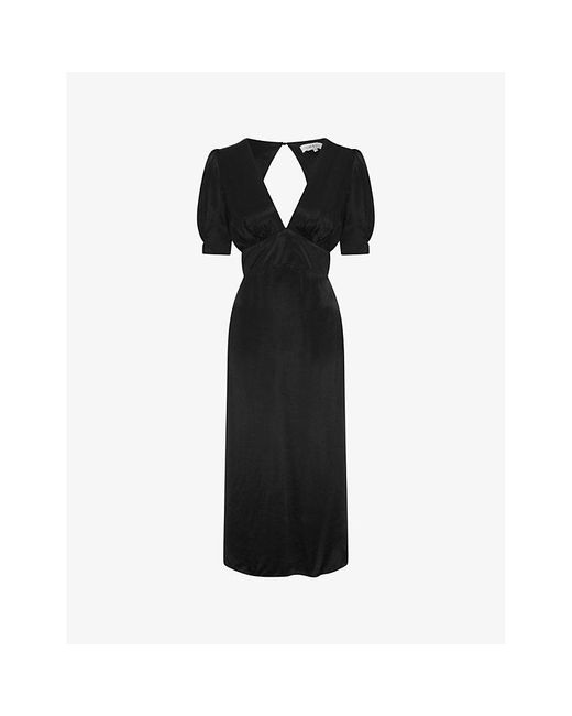 OMNES Black Odette V-neck Puff-sleeve Woven Midi Dress