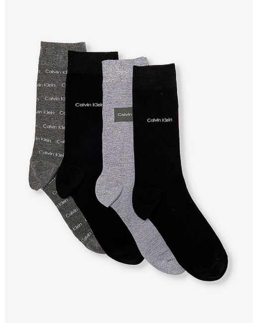Calvin Klein Black Branded Crew-length Pack Of Four Cotton-blend Socks for men