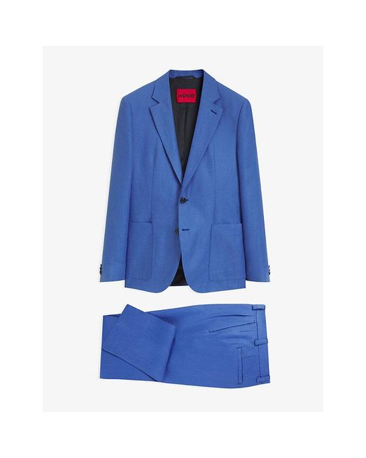HUGO Blue Single-Breasted Slim-Fit Linen Suit for men
