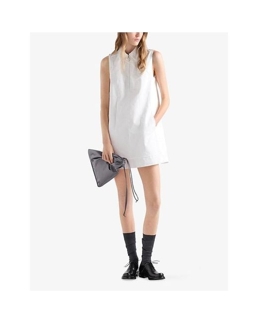Prada White Branded Zip-Up Cotton Mini Dress