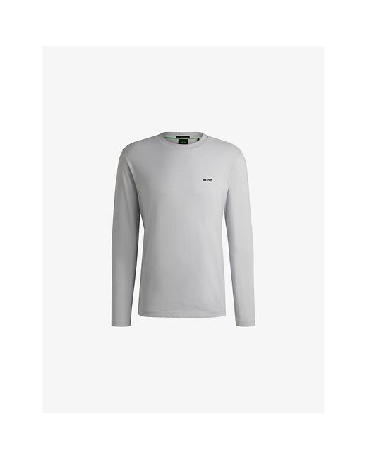 Boss Gray Brand-Print Long-Sleeve Cotton-Jersey T-Shirt for men