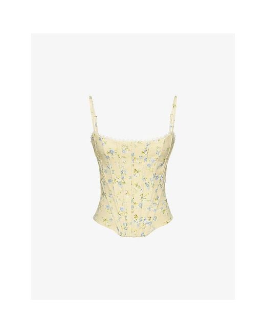 House Of Cb Yellow Cadie Floral-Print Cotton Corset Top Xs (A-C Cup)