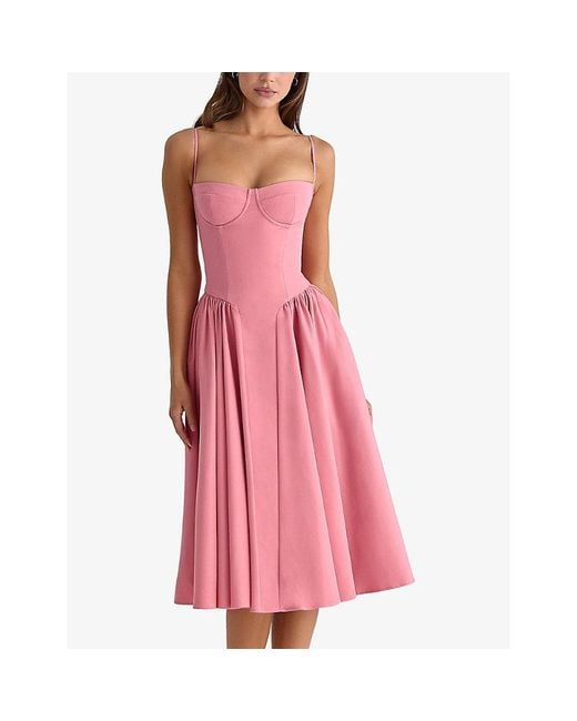 House Of Cb Pink Samaria Corseted Woven Midi Dress