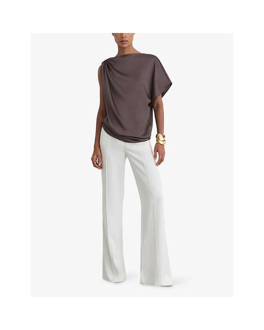 Reiss Brown Kezia Draped One-Shoulder Satin Top