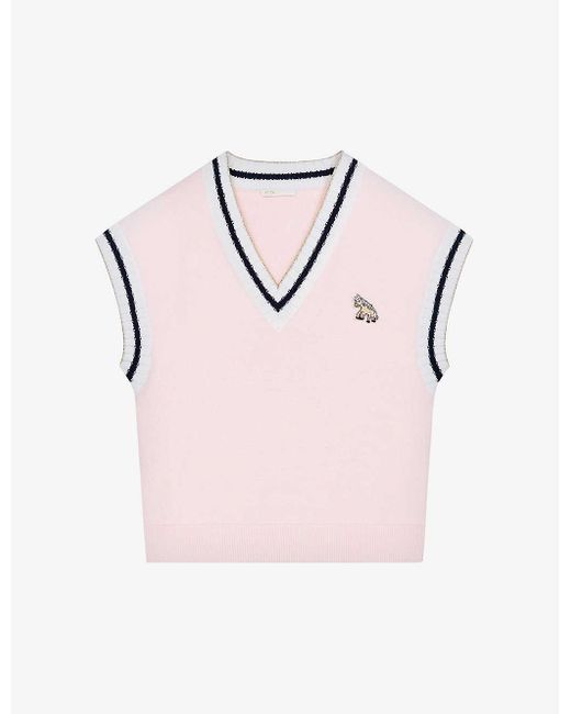 Maje Pink Monette Embroidered Knitted Vest