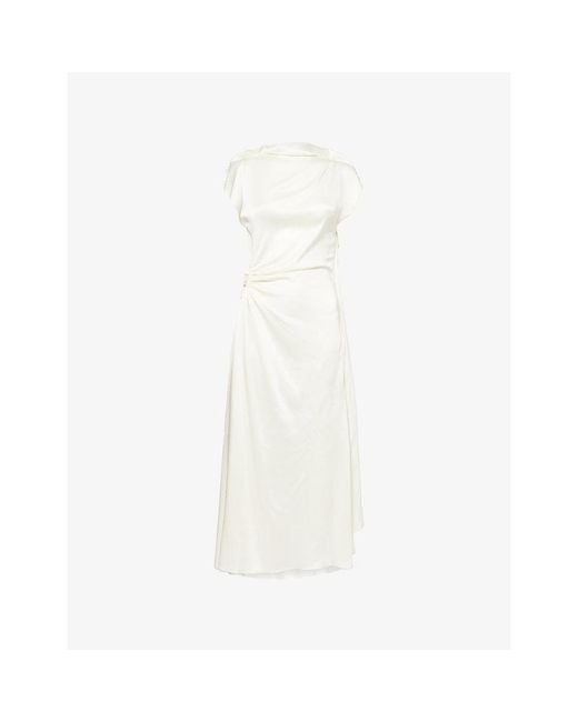 Victoria Beckham White Sleeveless Draped Satin Midi Dress